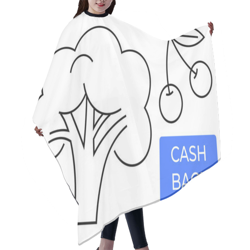 Personality  Broccoli And Cherry Line Drawings Alongside Cash Back Text Bubble. Ideal For Food Nutrition, Healthy Living, Discounts, Finance, Grocery Shopping, Savings, Marketing. Abstract Line Flat Metaphor Hair Cutting Cape