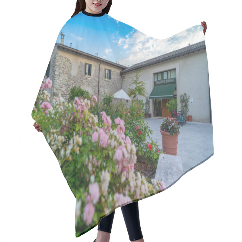 Personality  Charming Courtyard With Blooming Flowers In Front Of A Rustic Stone And Stucco Building Hair Cutting Cape