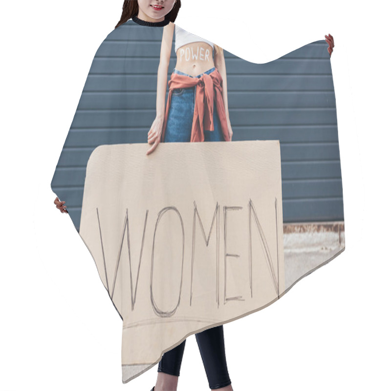 Personality  Cropped View Of Feminist With Inscription Power On Belly Holding Placard With Slogan Women On Street Hair Cutting Cape