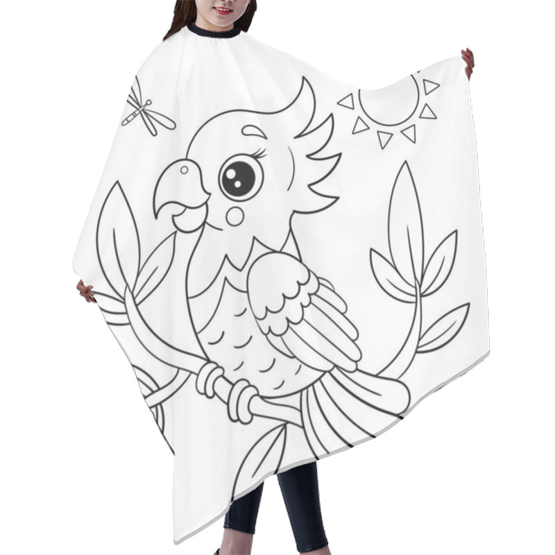 Personality  Cartoon Parrot On A Branch. Black And White Linear Drawing. Theme Of The Tropics, Exotics. For Children's Design Of Coloring Books, Prints, Posters, Stickers, Cards, Puzzles And So On. Vector Hair Cutting Cape