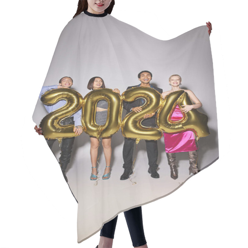 Personality  Group Of Happy Interracial Friends Holding Balloons With 2024 Numbers During Party, New Year Concept Hair Cutting Cape