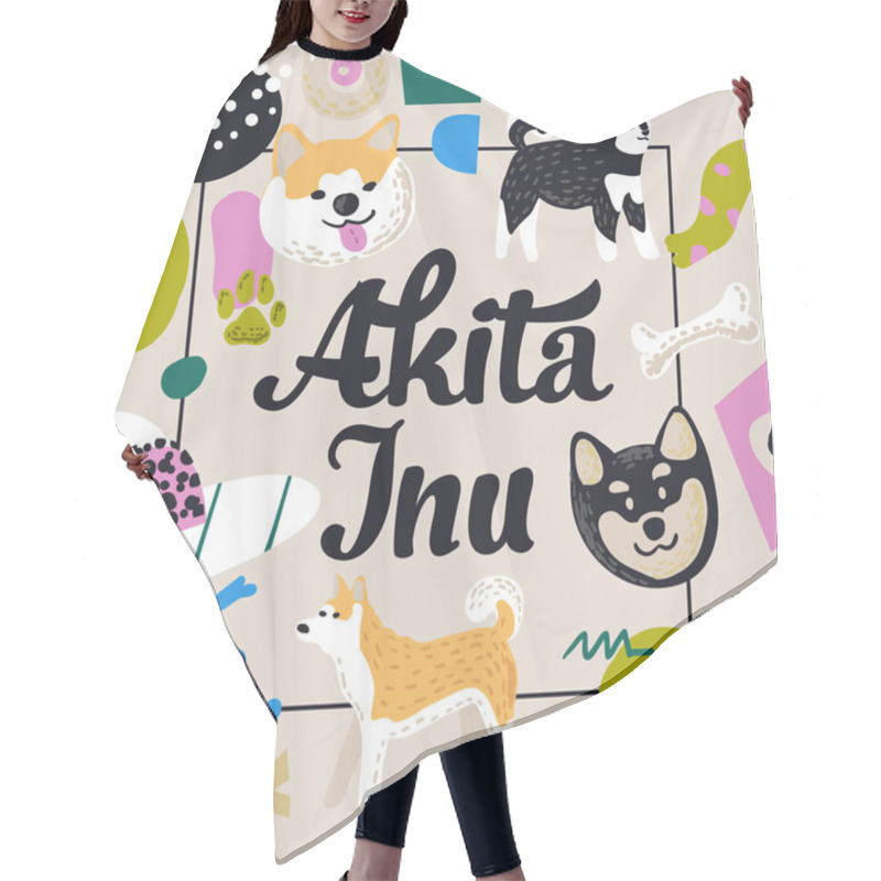 Personality  Cute Dogs Design. Childish Background With Akita Inu And Abstract Elements. Baby Freehand Doodle For Covers, Decor. Vector Illustration Hair Cutting Cape