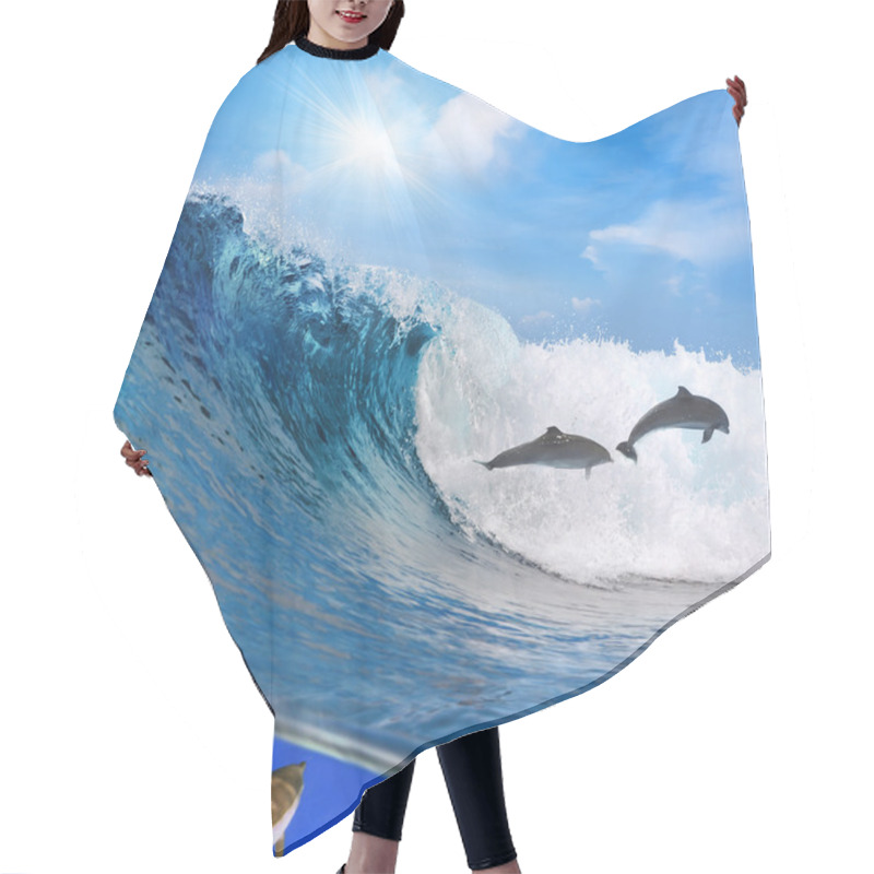 Personality  Happy Playful Dolphins Jumping On Breaking Wave Hair Cutting Cape