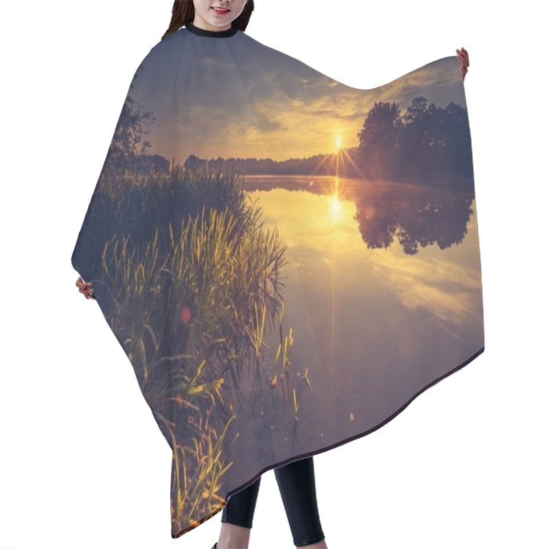 Personality  Beautiful Sunrise Over Calm Lake. Hair Cutting Cape