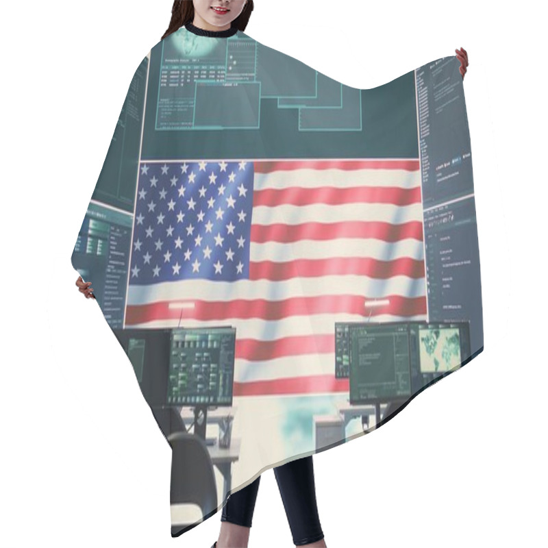 Personality  Empty Cyber Environment Featuring The American Flag On A Big Screen. Emphasizing Cyber Operations, Digital Safety And Advanced Technology For Information Security And Cyber Defense. Camera B. Hair Cutting Cape