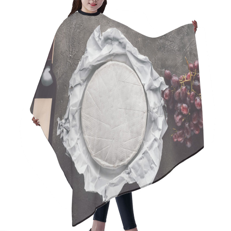 Personality  Top View Of Bottle Of Wine, Brie Cheese And Grape On Dark Surface Hair Cutting Cape