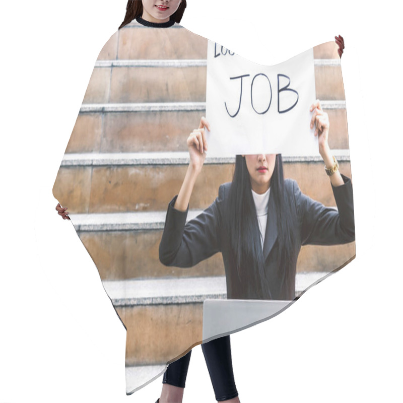 Personality  Businesswoman Holding Sign Looking For A Job Hair Cutting Cape