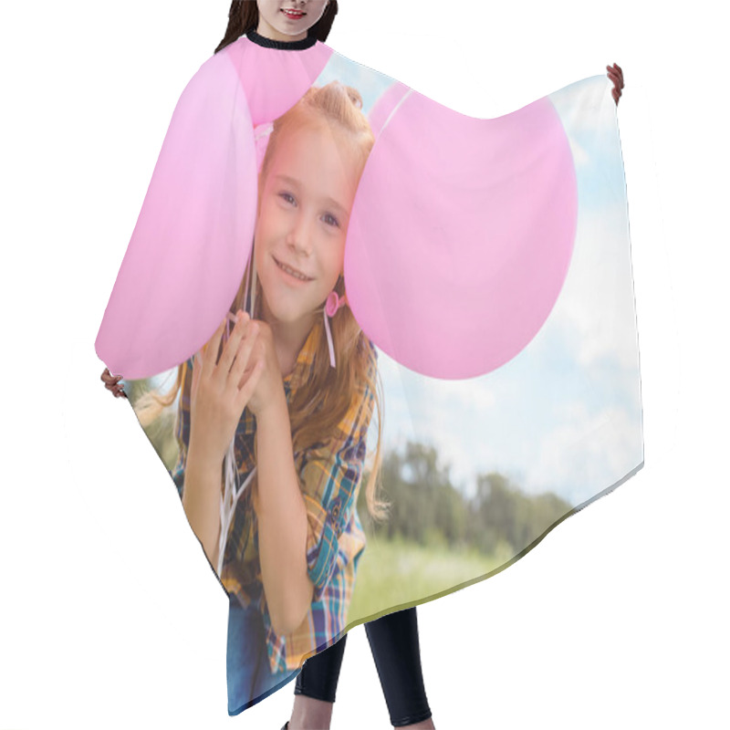 Personality  Portrait Of Cute Child With Pink Balloons Looking At Camera In Summer Field Hair Cutting Cape