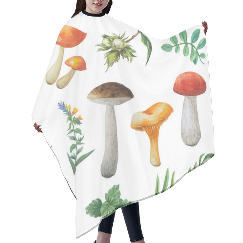 Personality  Watercolor Autumn Set Of Edible Noble Mushrooms Isolated On A White Background. Chanterelle, Boletuses, Oilers.  Hair Cutting Cape