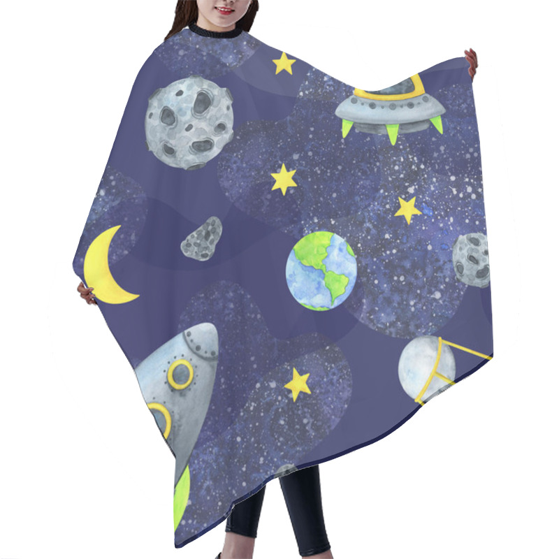 Personality  Rocket, Flying Saucer, Spaceship, Satellite, Planet, Stars.Space Seamless Pattern. Blue Background With Watercolor Illustrations For Children. Infinite Universe.The Science Of Astronomy. Hair Cutting Cape