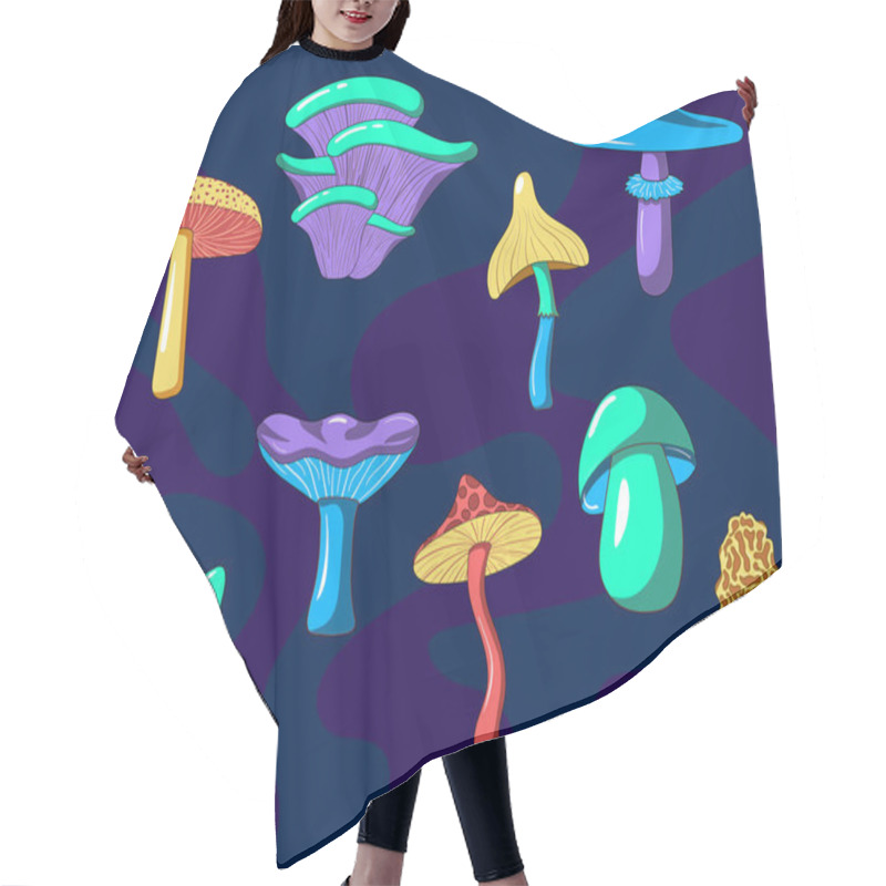 Personality  Set Of Psychedelic Hallucinogenic Bright Groovy Hippie Mushrooms In 70s Style Isolated On Wavy Dark Background. Hair Cutting Cape