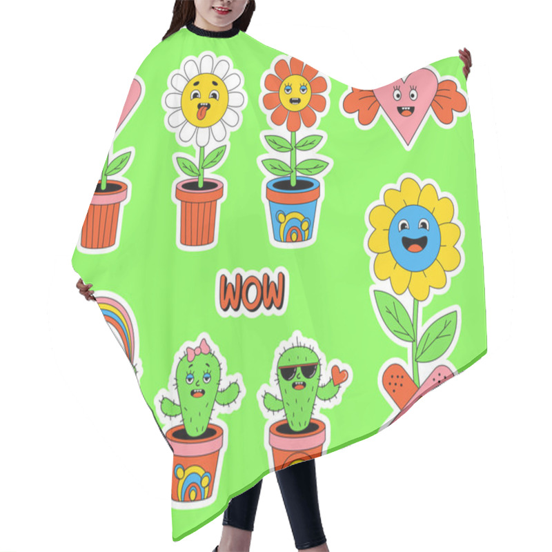 Personality  Stickers Funny Cartoon Characters With Funny Faces. Collection Comic Elements In Trendy Retro Style. Vector Illustration Of Funky Flower Power With Patch, Heart Flowerpot, Cactus And Winged Heart Hair Cutting Cape