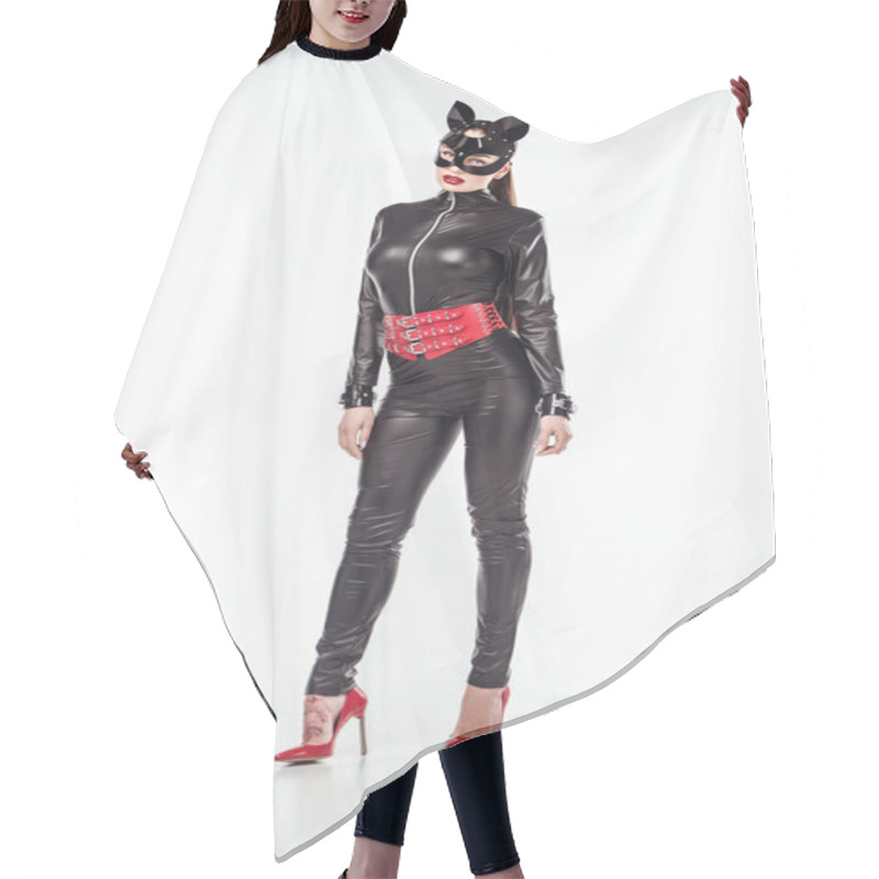 Personality  Kinky Woman In Sexy Black Costume And Mask Isolated On White Hair Cutting Cape