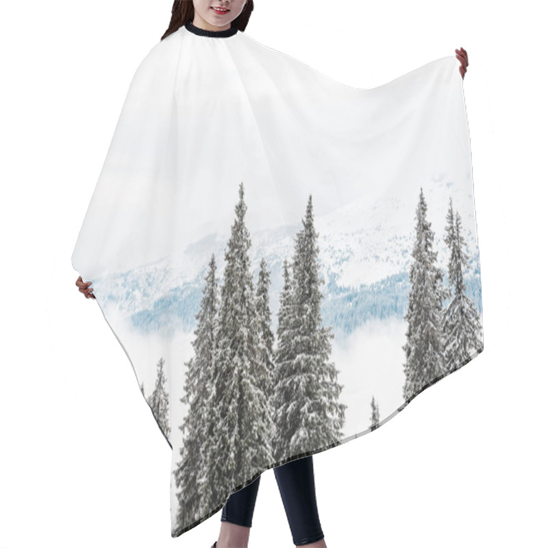 Personality  Scenic View Of Snowy Mountains With Pine Trees And White Fluffy Clouds Hair Cutting Cape