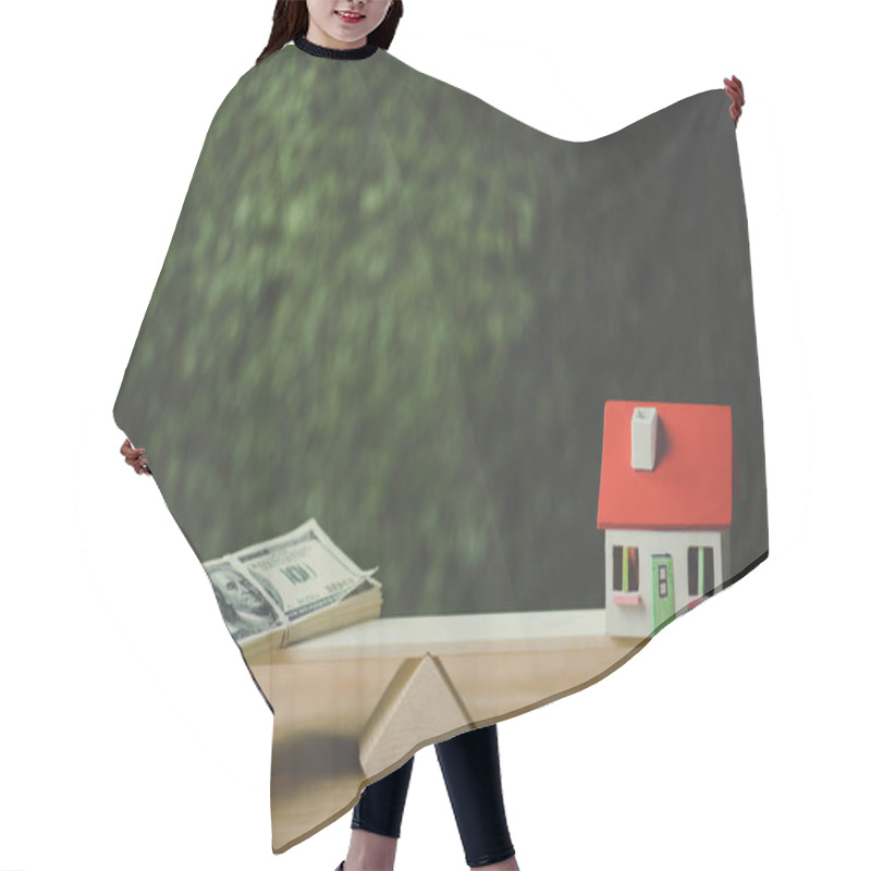 Personality  Dollar Banknotes And House Model Balancing On Seesaw On Green Background Hair Cutting Cape