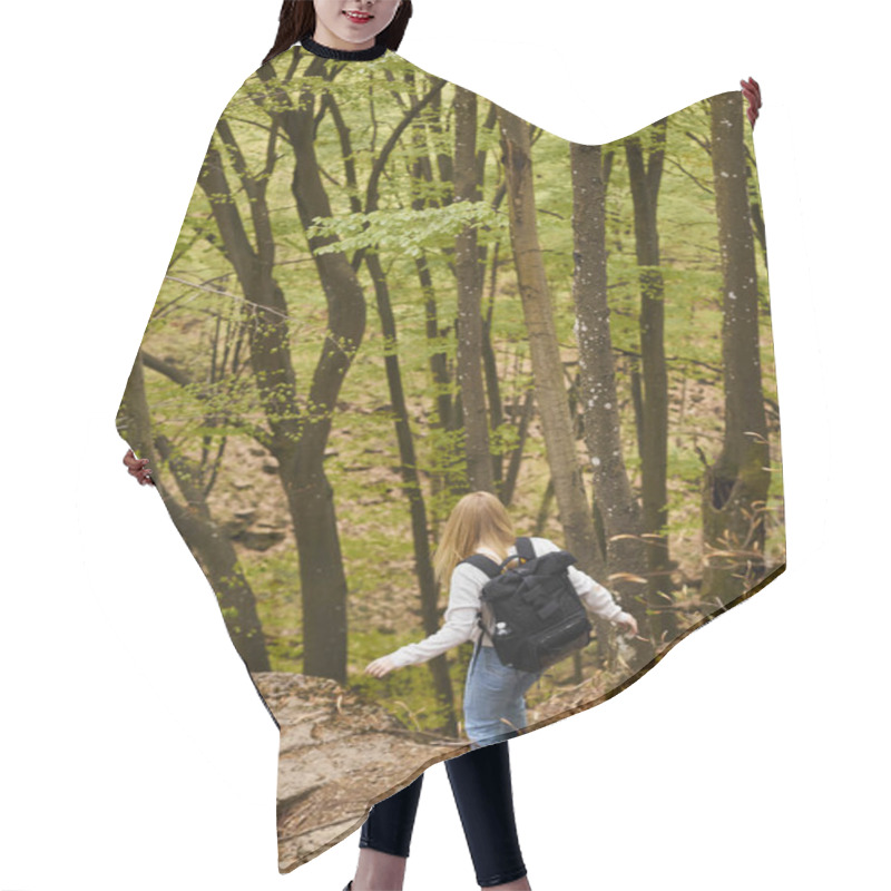 Personality  Back View Of Woman Hiker With Backpack Walking Through A Forest For Adventure Backpacking In Nature Hair Cutting Cape