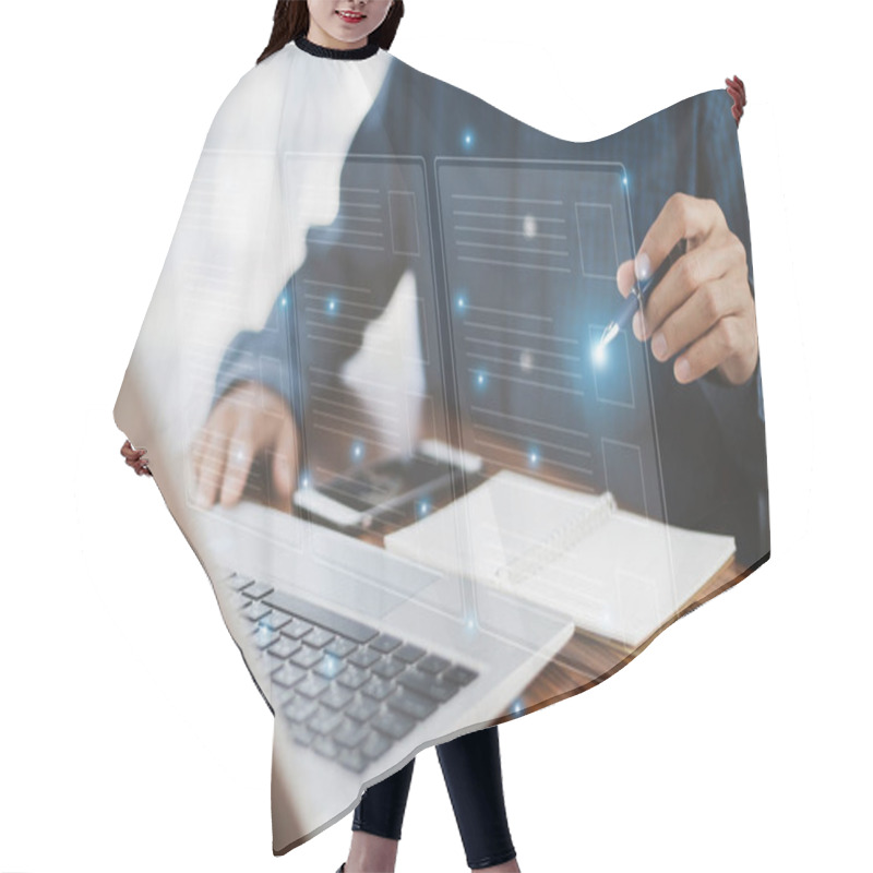 Personality  Businessman Interacting With A Futuristic Digital Interface, Using A Stylus To Select And Manipulate Data On A Transparent Screen While Working On A Laptop, Symbolizing Advanced Technology Hair Cutting Cape