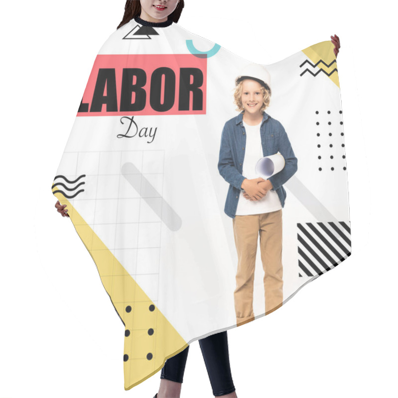 Personality  Curly Boy In Safety Helmet And Costume Of Architect Holding Blueprint Near Labor Day Lettering On White Hair Cutting Cape