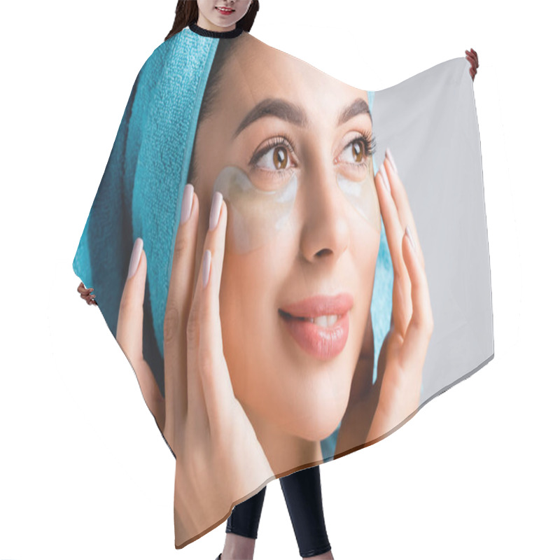 Personality  Smiling Beautiful Woman With Blue Towel On Hair And Hydrogel Eye Patches On Face Isolated On Grey Hair Cutting Cape