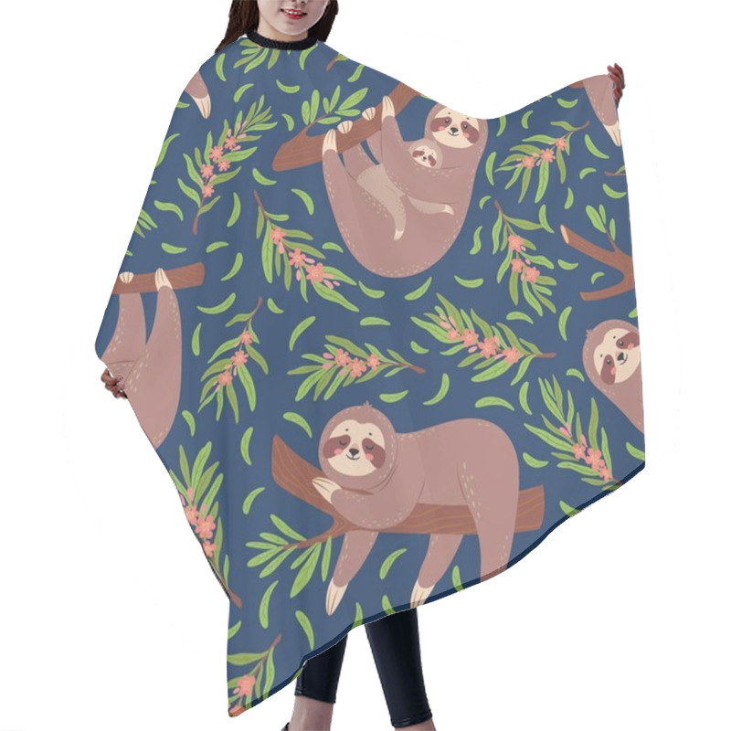 Personality  Cute Sloths On Branch Seamless Pattern For Nursery Wallpaper. Baby Sloth Animal With Mother. Funny Lazy Animals Textile Print Vector Texture Hair Cutting Cape