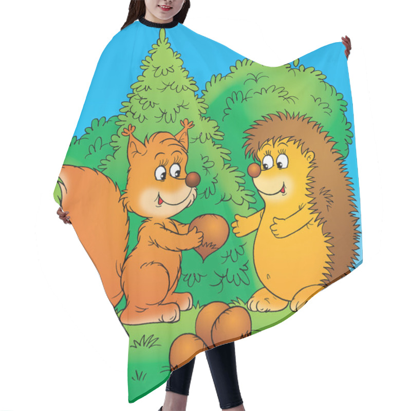 Personality  Caring Squirrel Sharing Acorns With A Hedgehog. Hair Cutting Cape