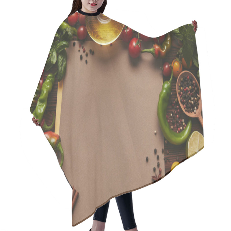 Personality  Top View Of Blank Menu And Fresh Vegetables, Spices And Herbs On Wooden Surface  Hair Cutting Cape