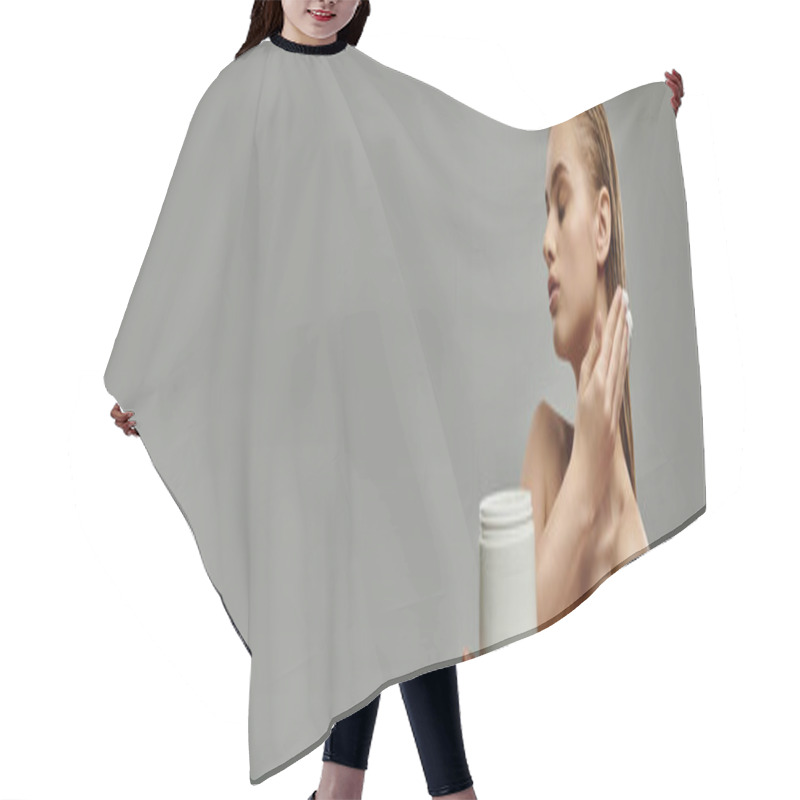 Personality  A Young Beautiful Woman Delicately Holding A Jar Of Hair Mask. Hair Cutting Cape