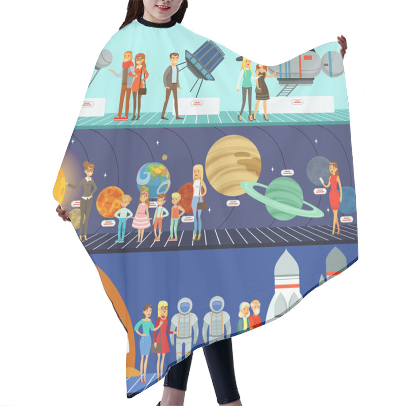 Personality  People In The Planetarium Set, Innovation Education Museum Horizontal Vector Illustrations Hair Cutting Cape