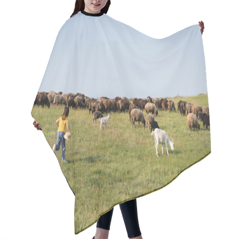 Personality  Full Length Of Child Running Towards Herd Grazing In Grassy Meadow Hair Cutting Cape