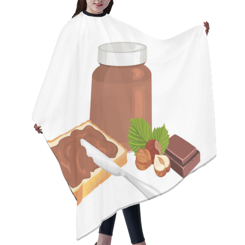 Personality  Chocolate Spread With Hazelnuts, Piece Of Toast Bread, Knife, Glass Jar And Heap Of Nuts Isolated On White Background. Vector Cartoon Illustration Of Nougat Cream. Hair Cutting Cape