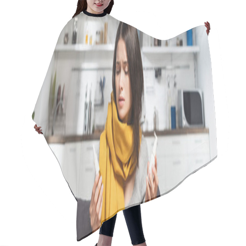 Personality  Panoramic Crop Of Woman With Scarf On Neck Holding Nasal And Throat Sprays In Kitchen Hair Cutting Cape