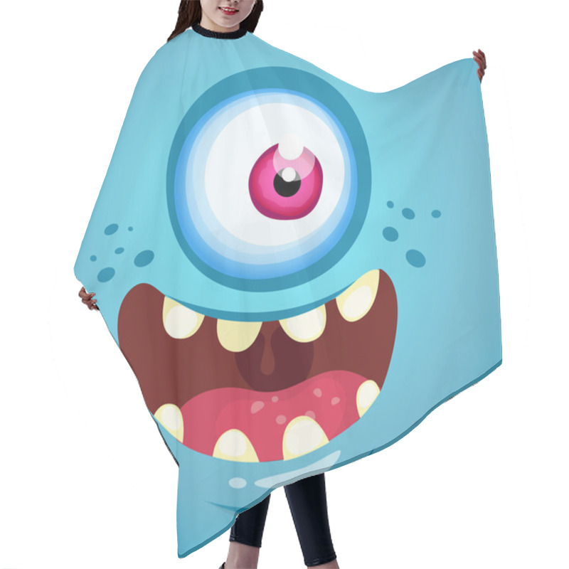 Personality  Cartoon Monster Face. Vector Halloween Blue Monster With One Eye Hair Cutting Cape