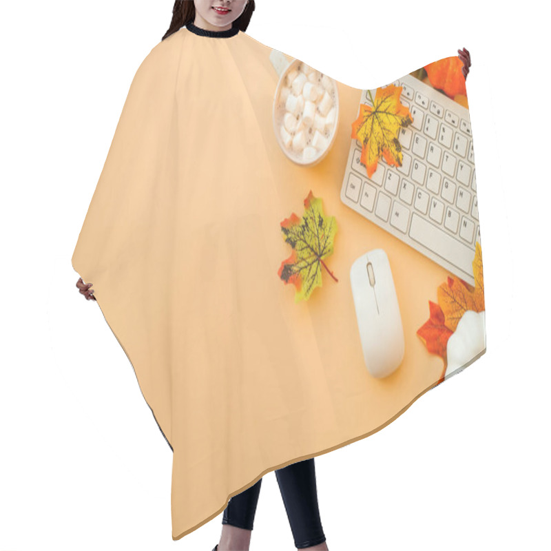 Personality  Fall Office Workspace. Keyboard, Laptop, Mug With Autumn Cloth And Fall Decorations - Pumpkin, Leaves And Other. Hair Cutting Cape