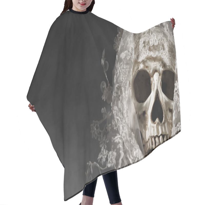 Personality  A Haunting Photo Captures The Skull Of A Bride Adorned With A Veil, Set Against Dark Background For Halloween Concept Hair Cutting Cape