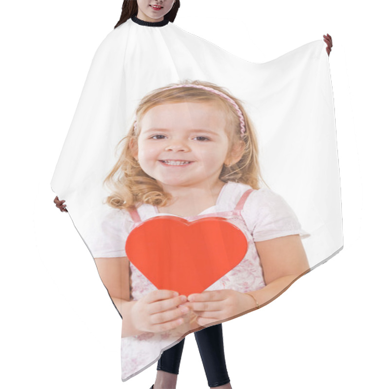 Personality  Happy Smiling Little Girl With Red Heart Hair Cutting Cape