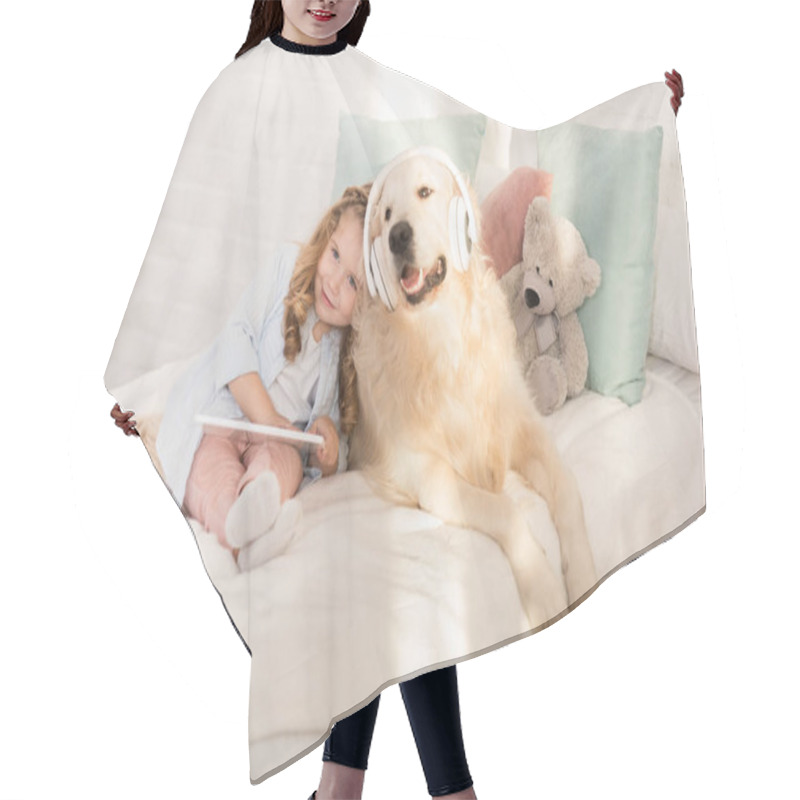 Personality  Adorable Kid Holding Tablet And Leaning On Golden Retriever With Headphones Lying On Bed In Children Room Hair Cutting Cape