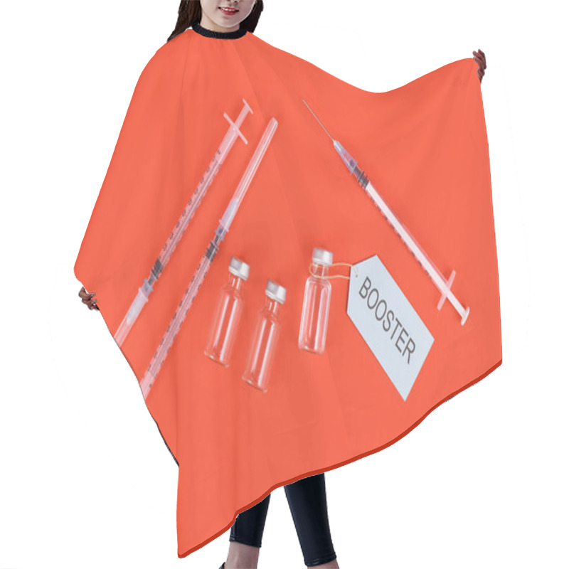 Personality  Corina Virus Booster Vaccination Concept With Vials And Syringes On Red Background Hair Cutting Cape