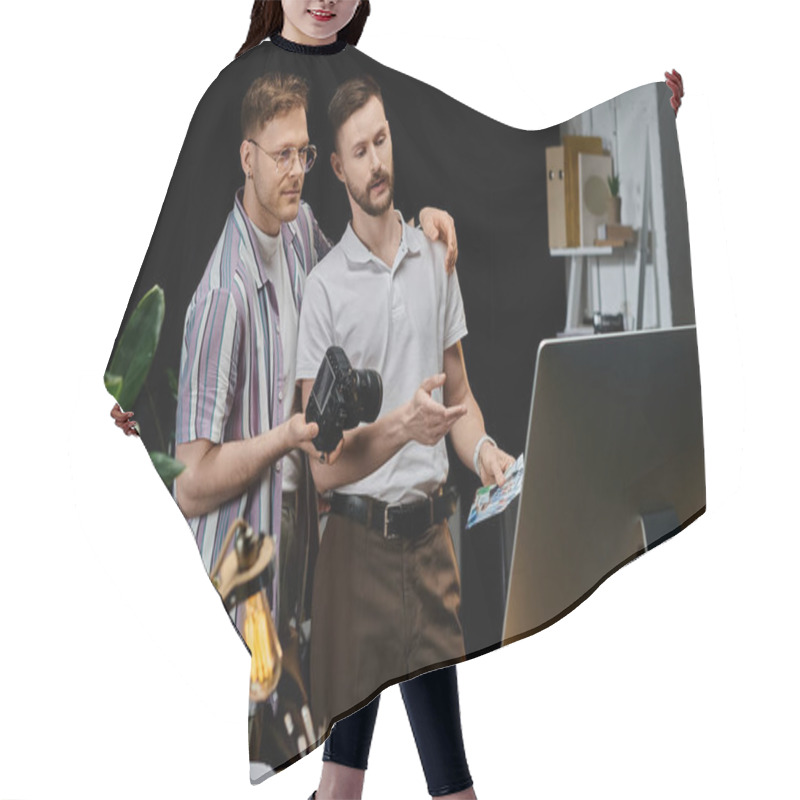 Personality  Two Men In Casual Attire Collaborating In Front Of A Laptop. Hair Cutting Cape