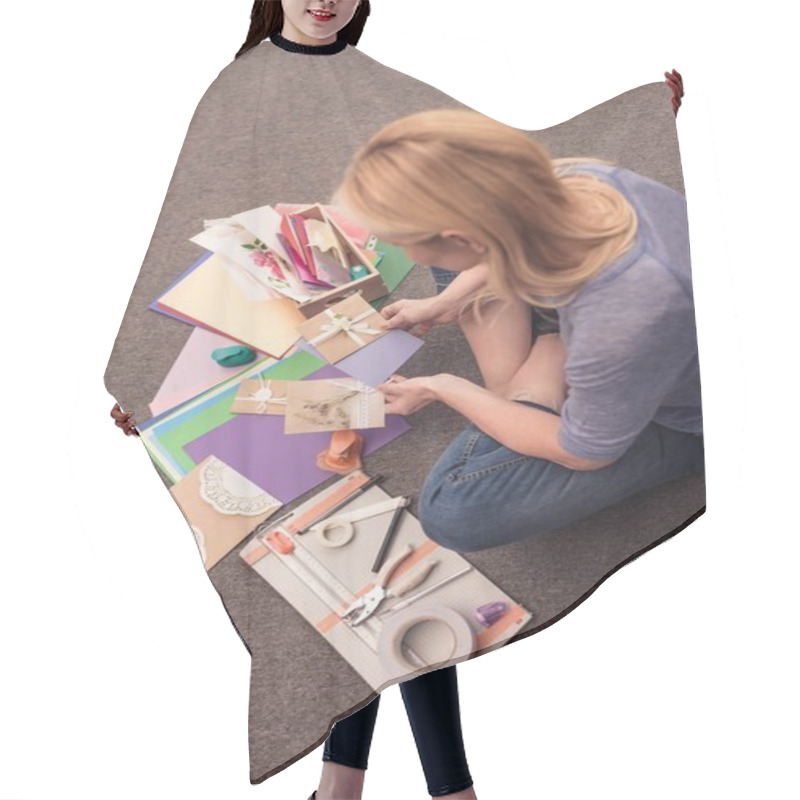 Personality  Woman Paper Crafting At Home Hair Cutting Cape