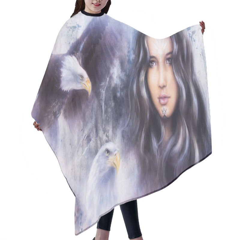 Personality  A Beautiful Airbrush Painting Of An Enchanting Woman Face With Two Flying Eagles Hair Cutting Cape