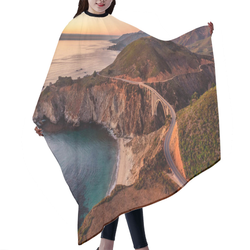 Personality  Bixby Bridge On Highway 1 And Big Sur Along Pacific Ocean Coast, Beautiful Landscape And Aerial View, Sunset, Sunrise, Fog. Concept, Travel, Vacation, Weekend. Hair Cutting Cape