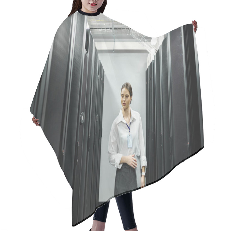 Personality  A Woman In A White Shirt Engages With Computer Systems In A Sleek Server Room. Hair Cutting Cape