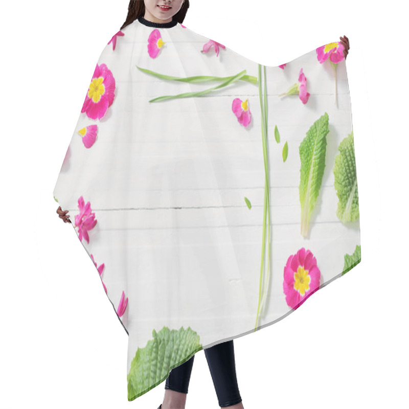 Personality  Pink Spring Flowers On White Wooden Background Hair Cutting Cape