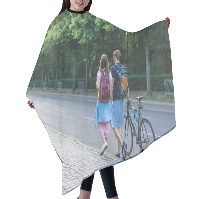 Personality  Rear View Of Couple With Backpacks And Bicycle Walking At Street Hair Cutting Cape