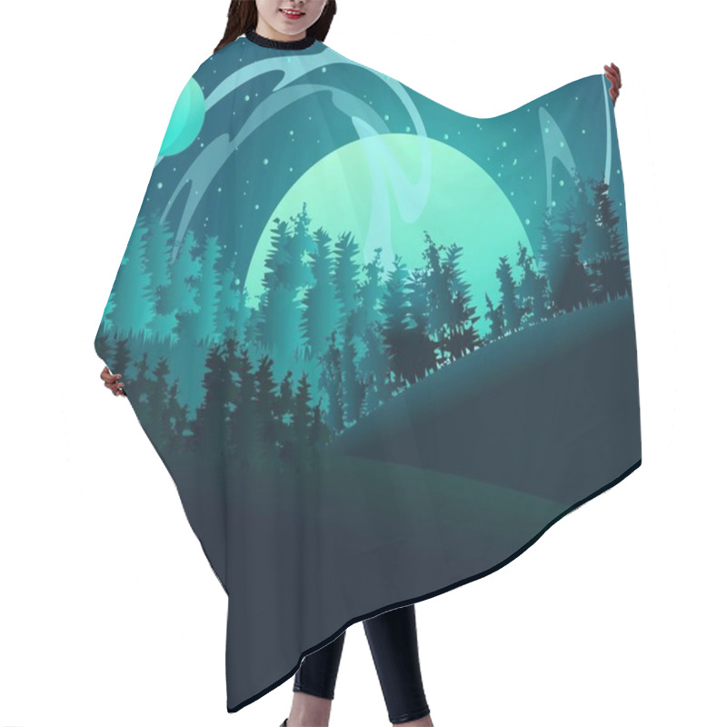 Personality  Full Moon Being Absorbed Into The Fog Of Other Planets. Forest Under A Planet And Northern Lights. Flat Illustration Of A Landcape With Aurora Borealis. Hair Cutting Cape