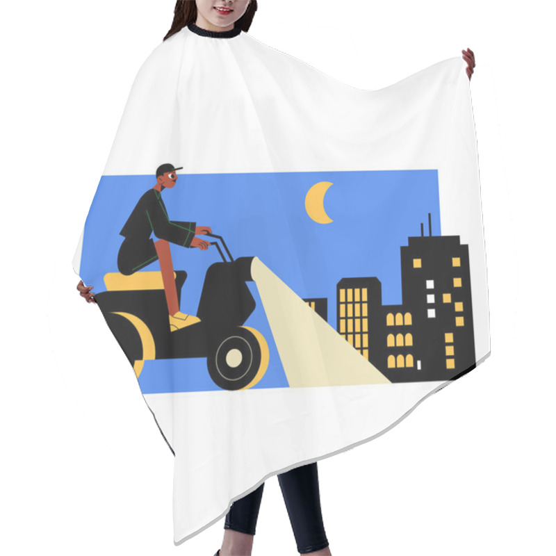 Personality  Male Delivery Rider Driving A Scooter With A Headlight Illuminating The Cityscape Under A Night Sky, Symbolizing Speed, Logistics, And Nighttime Delivery Services. Hair Cutting Cape