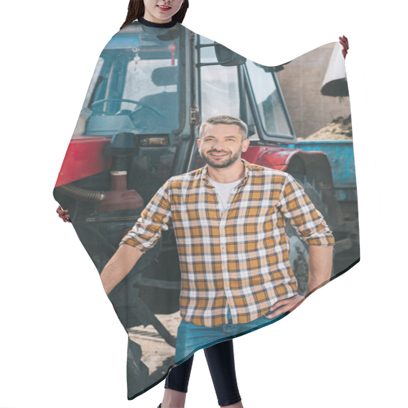 Personality  Handsome Middle Aged Farmer Standing Near Tractor And Smiling At Camera Hair Cutting Cape