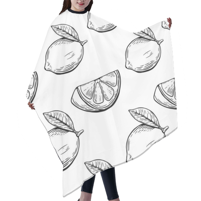 Personality  Seamless Lemon Sketch Pattern, Slice, Engraving And Black And White Line. Hair Cutting Cape