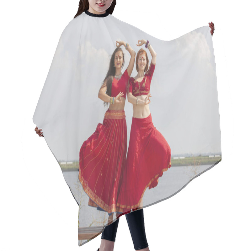 Personality  Pair Of Girls Practice Yoga. Women In A Traditional Saree. Hair Cutting Cape