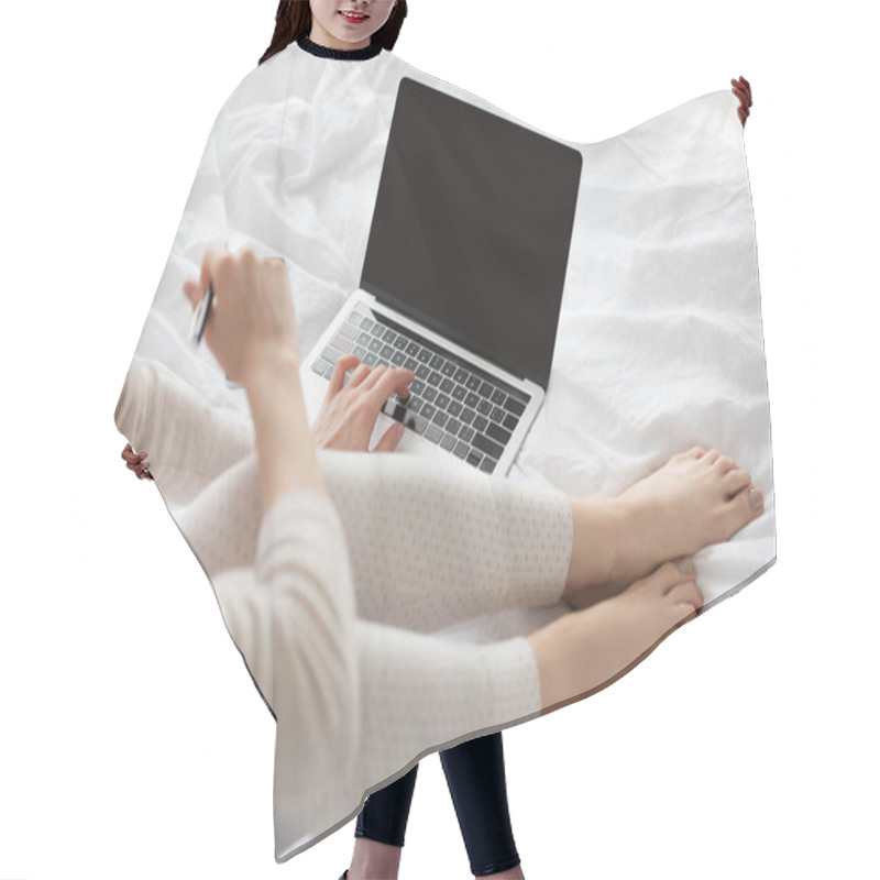 Personality  Cropped View Of Freelancer With Pen Working On Laptop On Bed Hair Cutting Cape